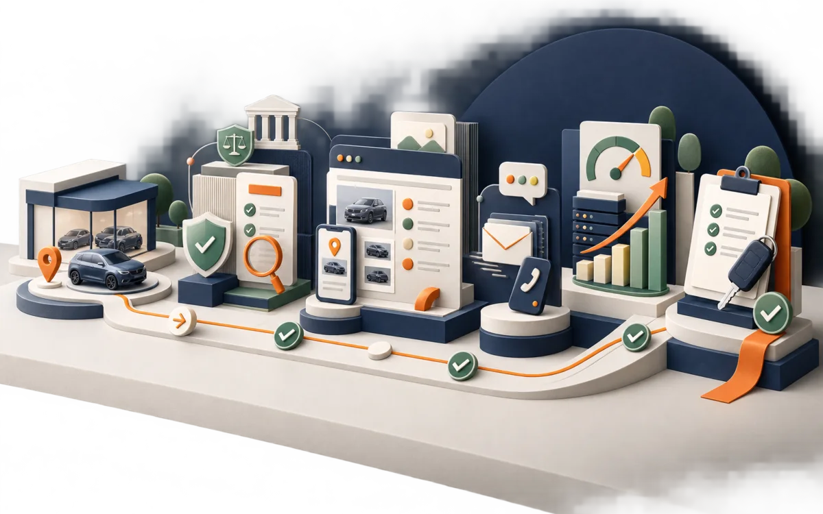 Automotive compliance website delivery workflow connecting trust, enquiries, performance and handover