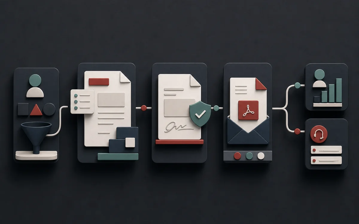 Customer data flowing through document generation, signing and PDF distribution, with scope for CRM and ticketing integration