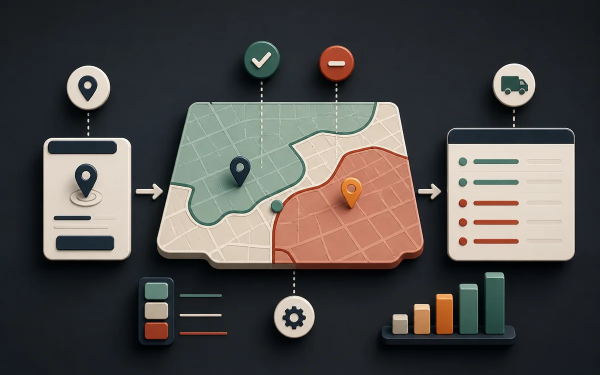 Delivery zones, postcode checking and operational postcode output connected in one workflow
