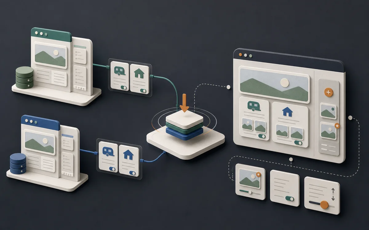 Two caravan park websites moving into one shared structure with filters and owner controls