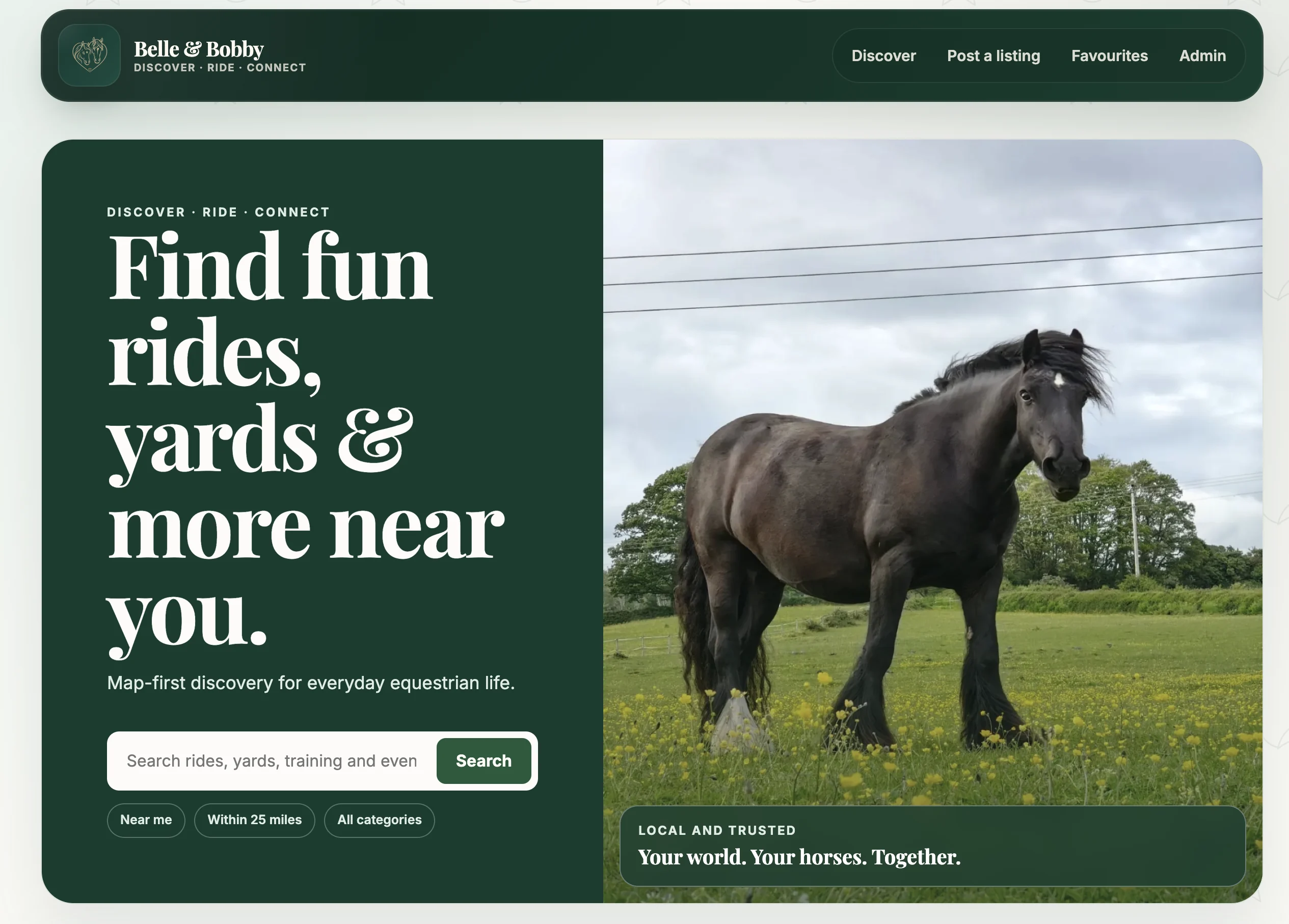 Belle and Bobby equestrian discovery website with a large horse photograph and a map-led search