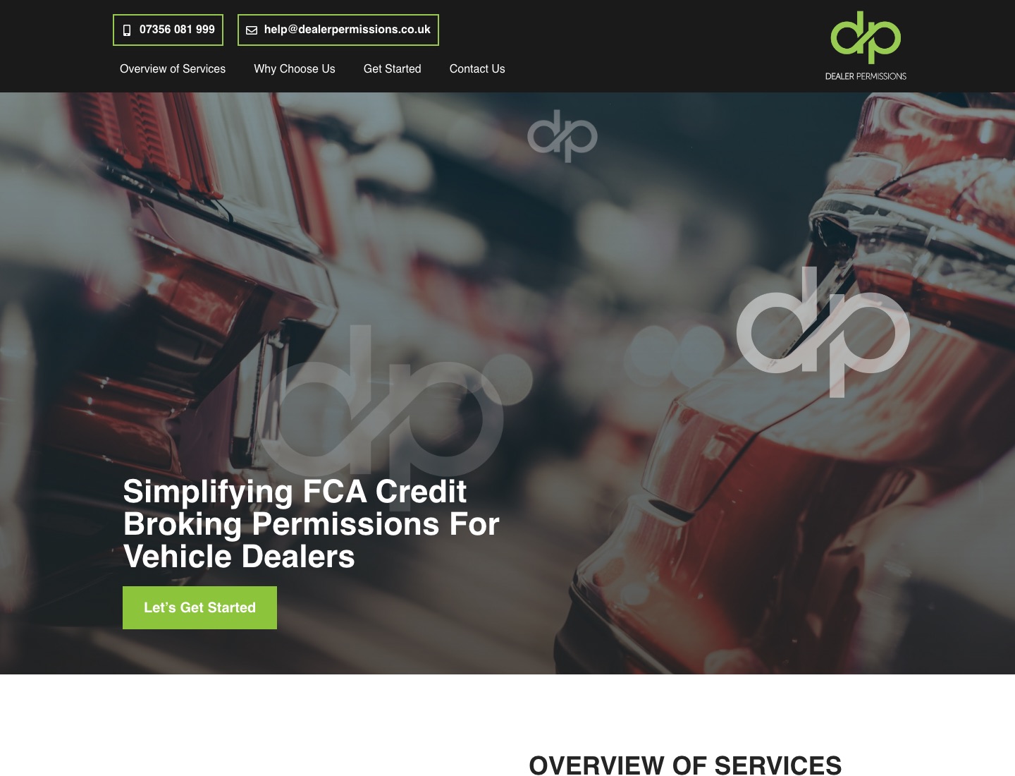 Homepage screenshot of the Dealer Permissions website showing the hero message and call to action