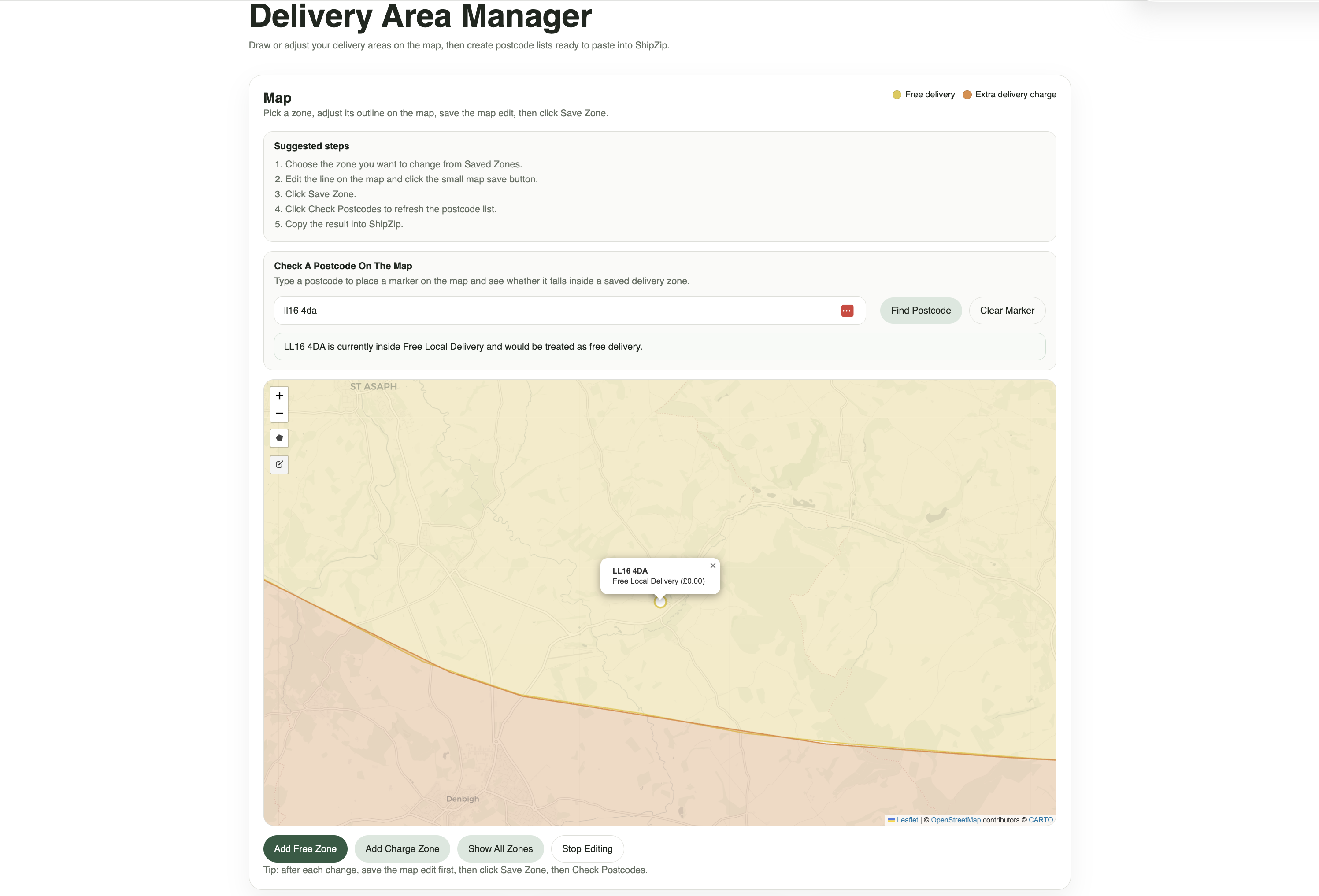 Delivery area manager with editable map zones